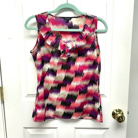 Banana Republic Sleeveless Blouse, Pink and Black Geometric, Ruffle Neck, Size S - Picture 1 of 8